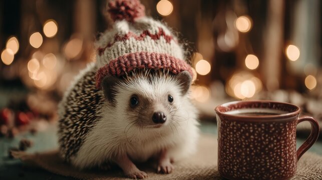 Cozy winter vibes featuring adorable hedgehog wearing a festive hat with warm drink, perfect for holiday cards, seasonal promotions, or charming social media posts