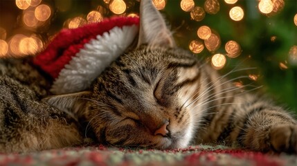 Adorable tabby cat wearing a Santa hat peacefully sleeps amidst the warm glow of festive Christmas lights, perfect for holiday cheer and cozy moments