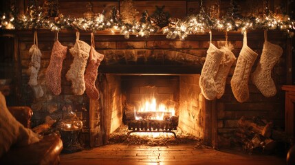 Cozy Christmas fireplace scene with stockings hung by the hearth, awaiting Santa's gifts, illuminated by warm, inviting flames and festive lights.