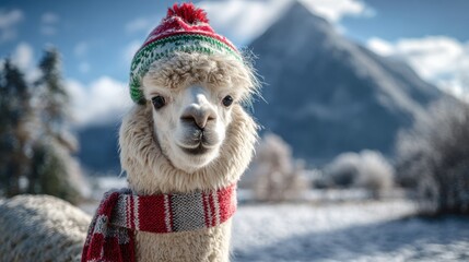 Adorable alpaca wearing a festive winter hat and scarf smiles warmly in a snowy mountain landscape, perfect for holiday promotions and charming greetings.