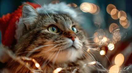 Adorable fluffy cat wearing a festive Santa hat and surrounded by twinkling fairy lights, perfect for holiday promotions and joyful greetings