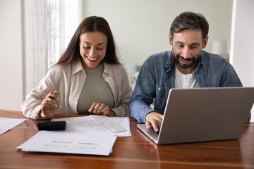 Friendly spouses busy with financial paperwork at home office desk