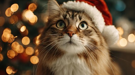 Adorable fluffy cat wearing a Santa hat gazes with wonder amidst glowing Christmas tree bokeh lights, capturing festive holiday cheer and heartwarming moments.
