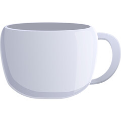 A simple white ceramic mug with a handle is depicted against a transparent background in a clear studio lighting setup showcasing its smooth surface and rounded shape perfect for beverages
