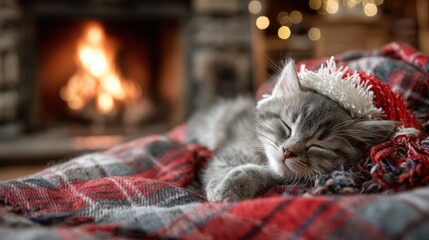 Adorable fluffy kitten peacefully sleeping on a cozy plaid blanket near a warm, glowing fireplace with bokeh lights in the background evoking comfort and serenity