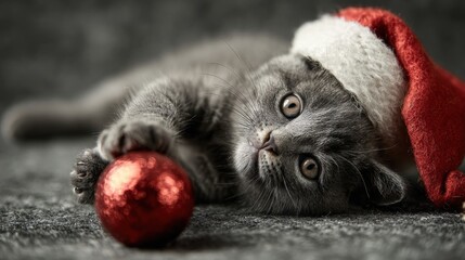 Sweet holiday joy with a gray kitten wearing a Santa hat playing with a bright red ornament, perfect for festive marketing campaigns