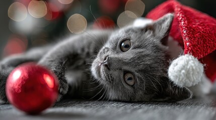 Adorable gray kitten wearing a festive Santa hat, perfect for holiday promotions, pet-related content, or heartwarming seasonal campaigns