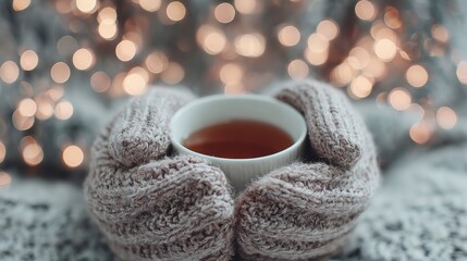 Cozy hands in knit mittens holding warm tea against sparkling lights evokes winter comfort and relaxation for seasonal marketing campaigns