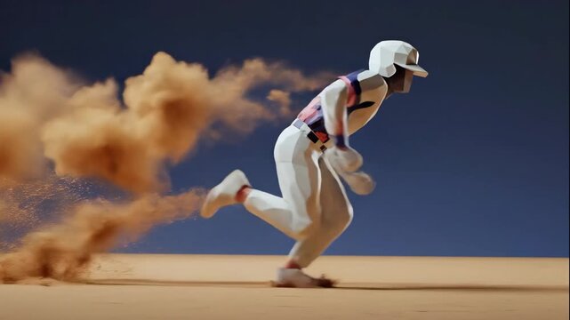 A low poly baseball player running in slow motion. 3D animation of a stylized athlete sprinting and kicking up sand. Concept of speed, power, and determination