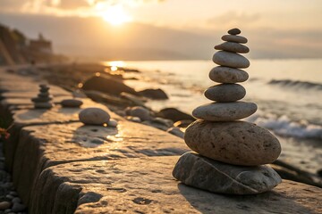 Stacked stones in perfect balance on the beach at sunset