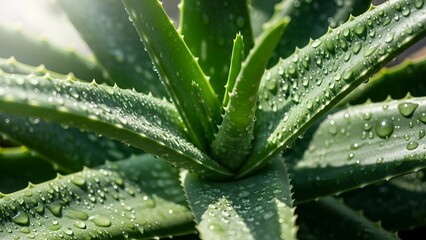 Fototapeta premium Aloe Vera Plant with Water Droplets on Bright Green Leaves in Natural Light