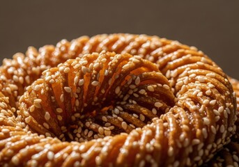Closeup of a crispy sesame seed pastry ring with golden texture and intricate patterns