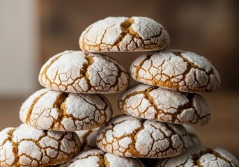 Delicious stack of cracked surface cookies with golden brown edges on wooden table