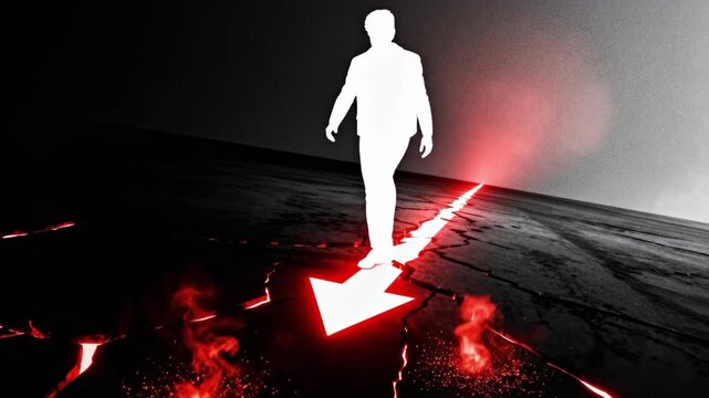 A man's silhouette walks on a glowing red down arrow symbolizing crisis. Business failure, economic recession, and wrong direction concept. Animation of decline and risk