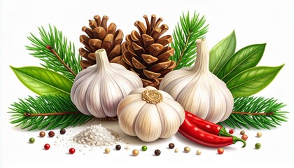 A vibrant composition of fresh garlic, red chili peppers, colorful peppercorns, bay leaves, pine needles, and pine cones on a white background, perfect for culinary and festive themes.
