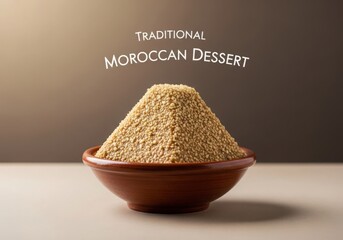 Traditional moroccan semolina dessert in a bowl, closeup view of fine grain texture
