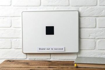 White board with black square and motivational message on brick wall