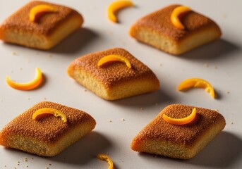 Fresh orange zest pastries arranged on parchment, isolated on white background