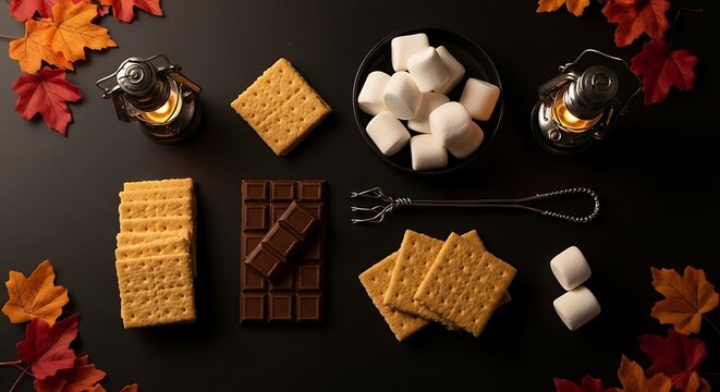 A cozy arrangement of s'mores ingredients, including graham crackers, chocolate, and marshmallows, set against a dark background with autumn leaves and small lanterns.