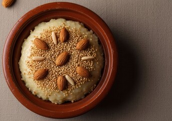 Traditional almond garnished semolina dessert in terracotta bowl, top view