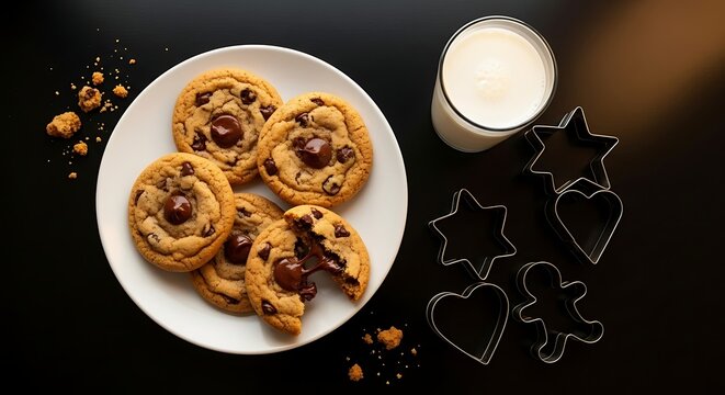 Close-up shot of a plate of chocolate chip cookies with a glass of milk and cookie cutters.
