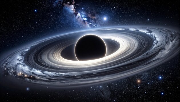 An artistic representation of a supermassive black hole with a glowing accretion disk in deep space surrounded by stars and a nebula.