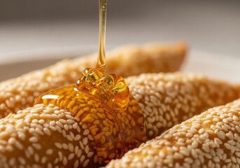 Closeup of honey drizzling over crispy sesame seed pastry with golden texture
