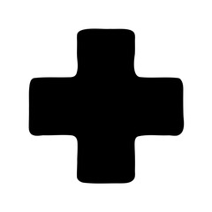 A black cross symbol on a white background with rounded edges