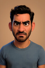 Serious 3D Cartoon Man in Blue T-Shirt with Intense Expression