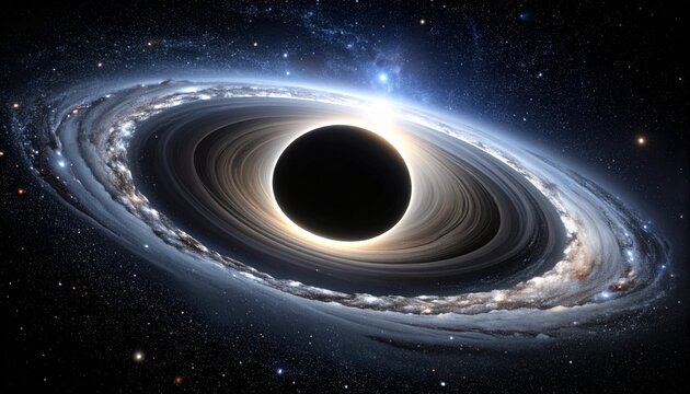 An artistic representation of a black hole with a swirling accretion disk of gas and dust in deep space.