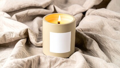 Beige Ceramic Candle Jar Mockup on Linen Fabric