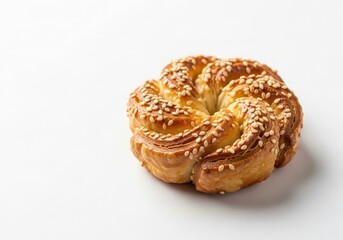 Freshly baked sesame seed pastry isolated on white background with golden crust
