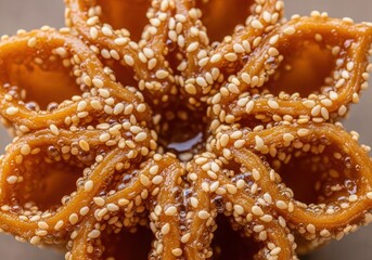 Traditional sesamecoated flowershaped sweet pastries arranged in a circular pattern