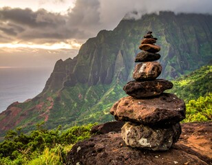 Stone stack on a cliff overlooking a lush mountain range at sunset
