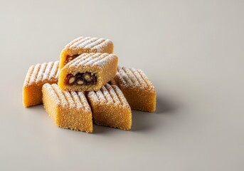 Delicious powdered sugardusted pastries with nut filling isolated on white background