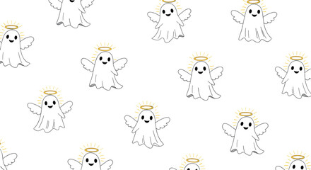 A repeating pattern of cute little ghosts with halo and wings.