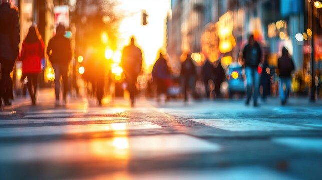 Busy city street at sunset with people walking and cars in motion