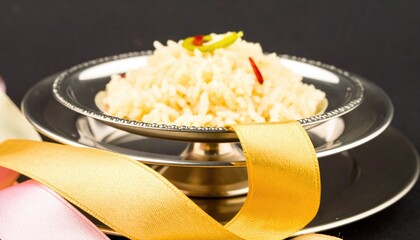 Long Grain Rice in Silver Bowl with Satin Ribbons