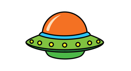 An animated cartoon of an orange and green flying saucer spacecraft.