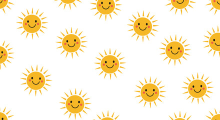 A seamless pattern of cheerful smiling suns on a white background.