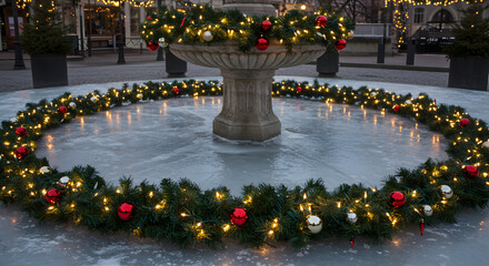 Festive winter holiday scene with glowing lights and ornaments decorating a frozen fountain in a charming European town square, perfect for seasonal greetings and celebrations