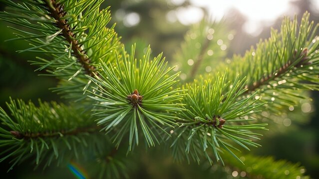 Close Up of Green Pine Tree Branches with Sunlight and Bokeh Effect