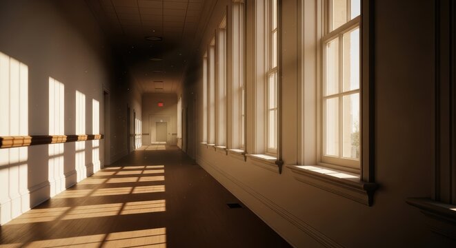 Long sunlit hallway with large windows and wooden banister casting long shadows warm light