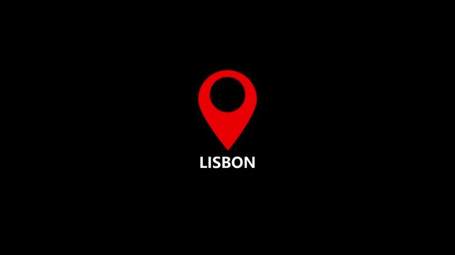 Country Lisbon on the map is highlighted by a polygonal border ,the name of the place with the location has been displayed, sign animated with alpha channel 4k video GPS location tracking icon .