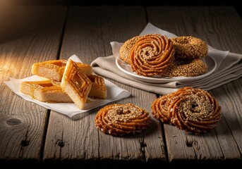 Assorted middle eastern pastries and baklava on rustic wooden table