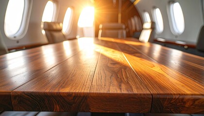 Sunlit Oiled Oak Tabletop in Private Jet Interior
