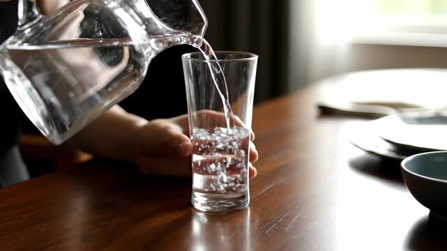 Pouring refreshing water from glass pitcher into drinking glass indoors