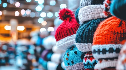 Obraz premium Stack of colorful knitted hats on display for sale