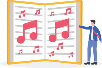 Young man as conductor or music composer with musical notes and sparkling icons illustration of appreciation for celebration of music day or music festival

