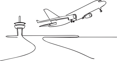 Fototapeta premium Airplane taking off from runway in a simple line drawing style